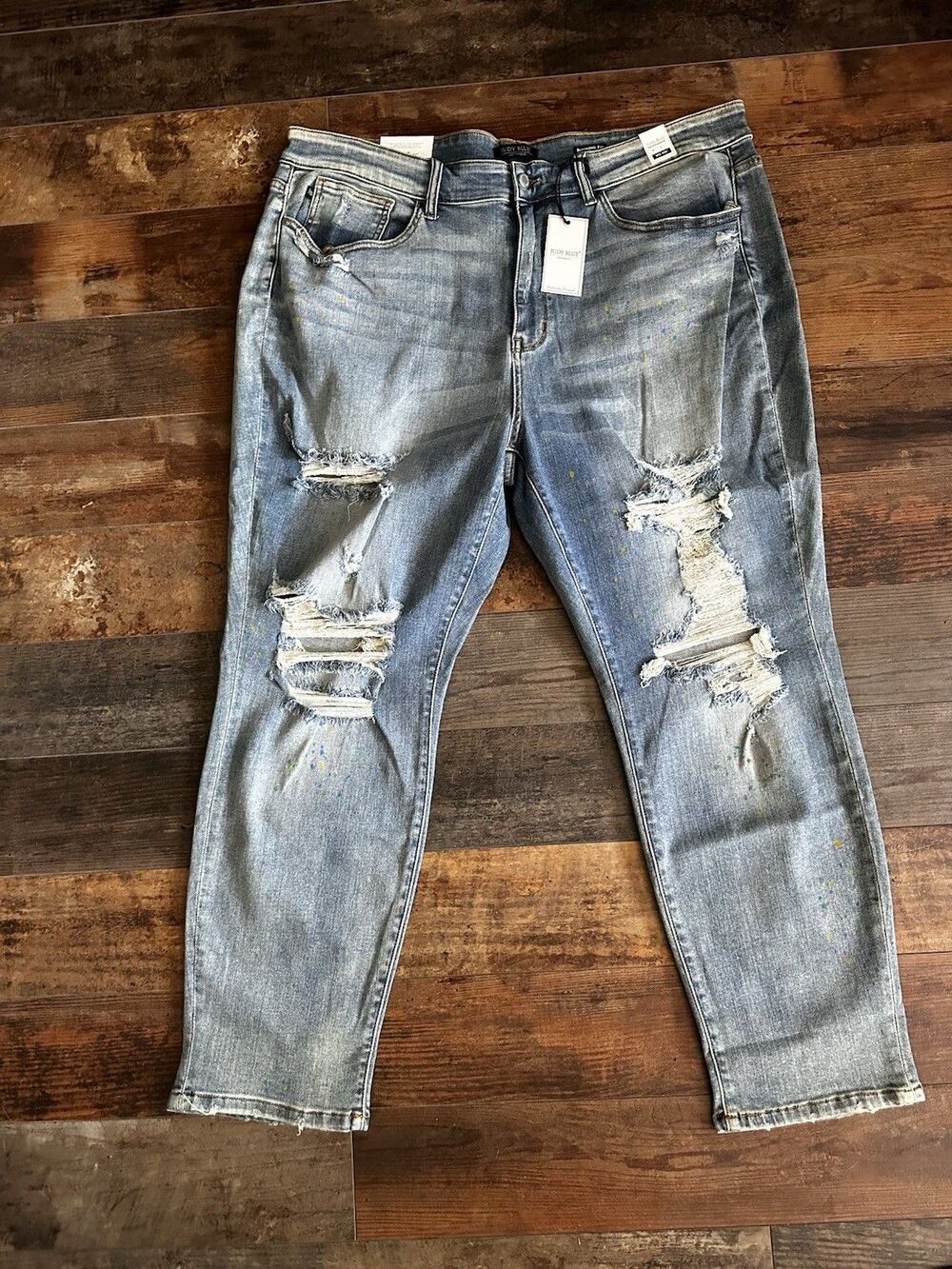 Judy Blue Medium Wash Mid Rise Distressed Paint Splatter Boyfriend Jeans Sz 24W